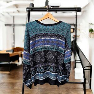 VTG 80s Unisex Nordic Geometric Sweater Small Grandpa Core Chunky  Black Teal